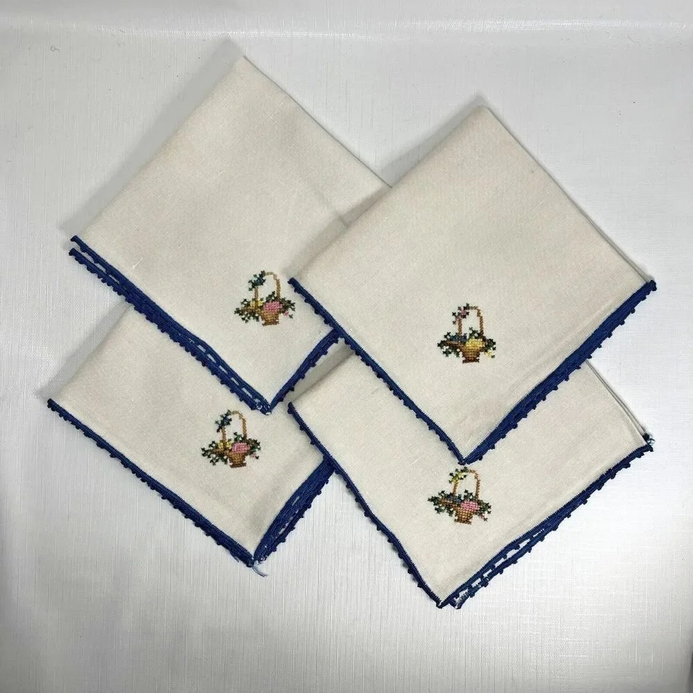 Vintage Cottage Cross Stitch Luncheon Napkins Linen Shabby Decor Embroidered